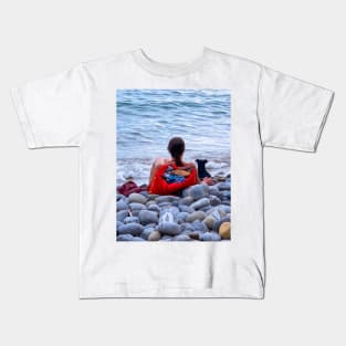 Woman Dog Sea Stones Beach Italy Kids T-Shirt